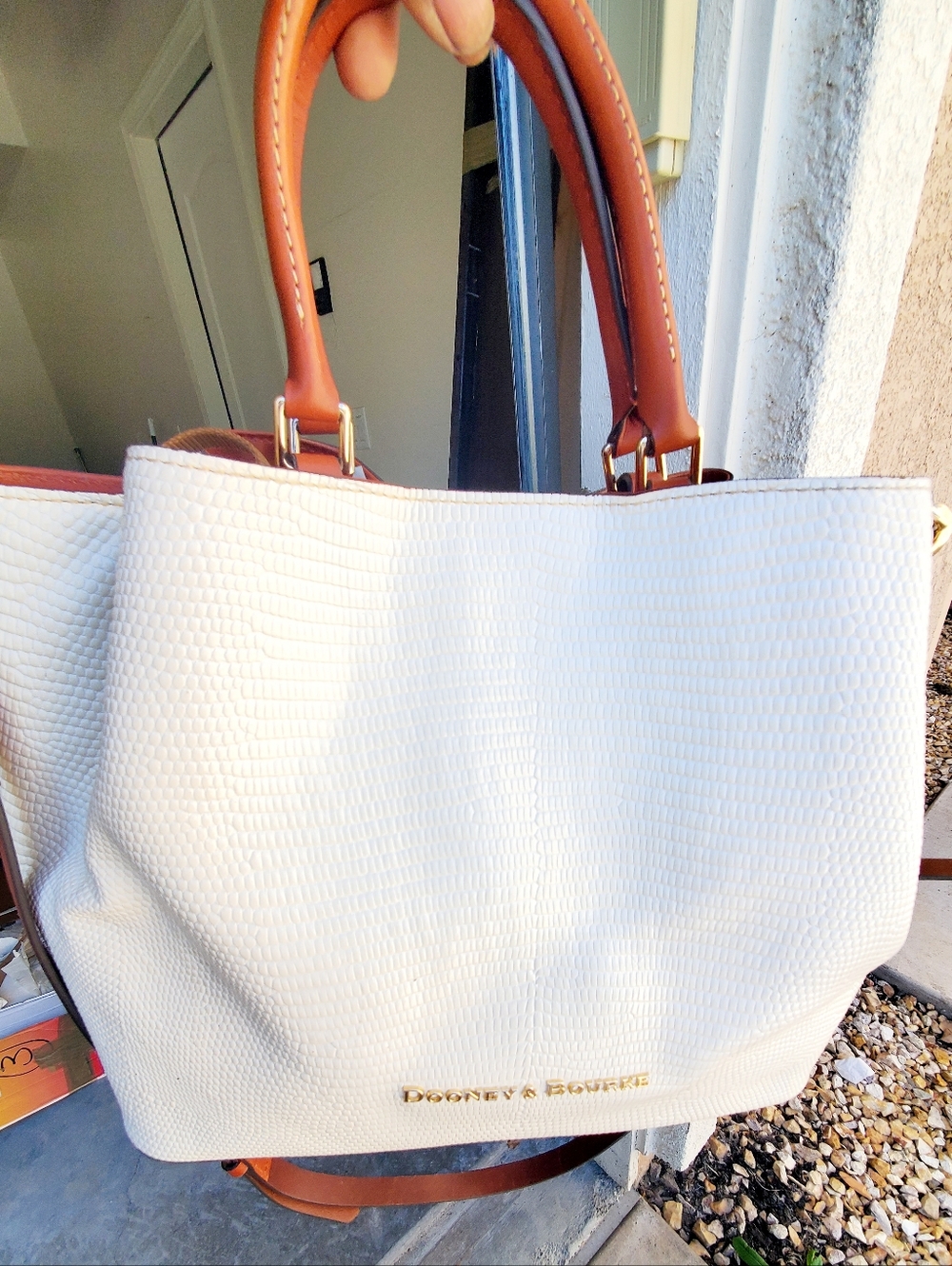 Dooney & Bourke Cream Tote with Tan Handles--Emboissed Croc with Lots of Pockets